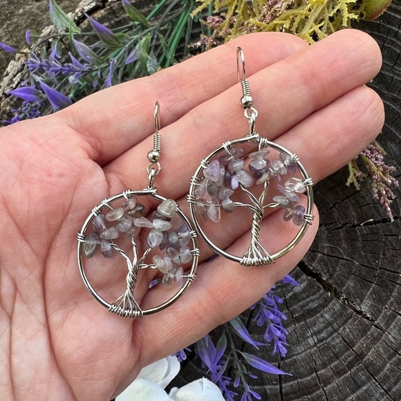 Tree Of Life earrings Amethyst earrings Purple Earrings Hoops Stone Dangle Boho - Picture 8 of 13